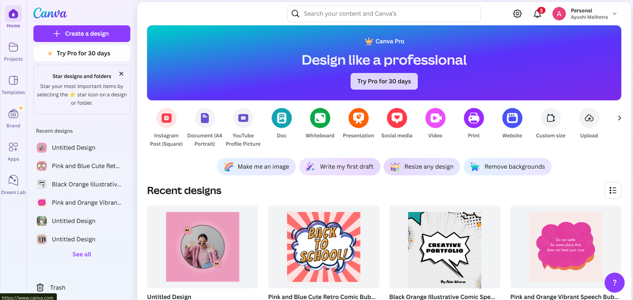 Canva homepage