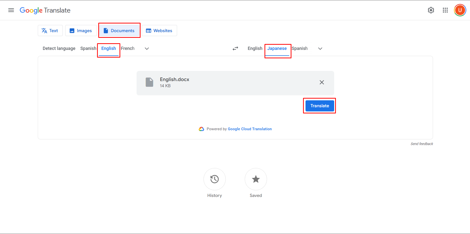 Using Google Translate English to Japanese tool for translating documents