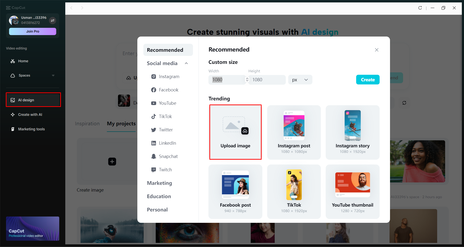 Uploading an image to the CapCut desktop video editor