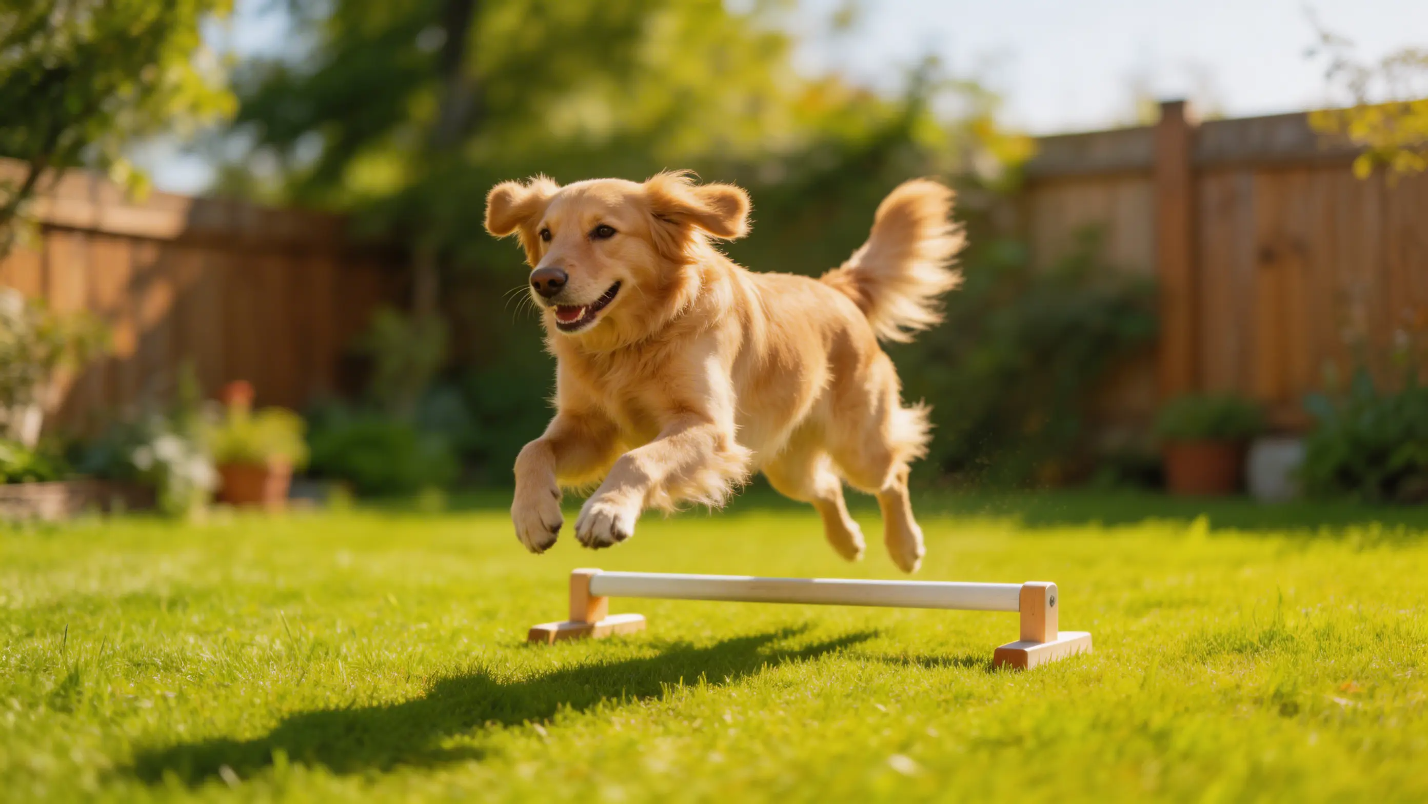 Seekor anjing melompat di belakang rumah dengan kabur