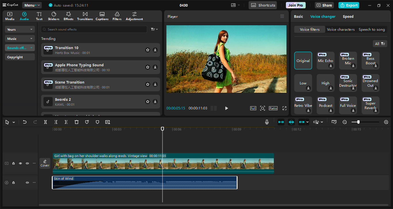 Mengedit antara muka CapCut editor video desktop - alat terbaik untuk mengedit dan meningkatkan audio dalam video