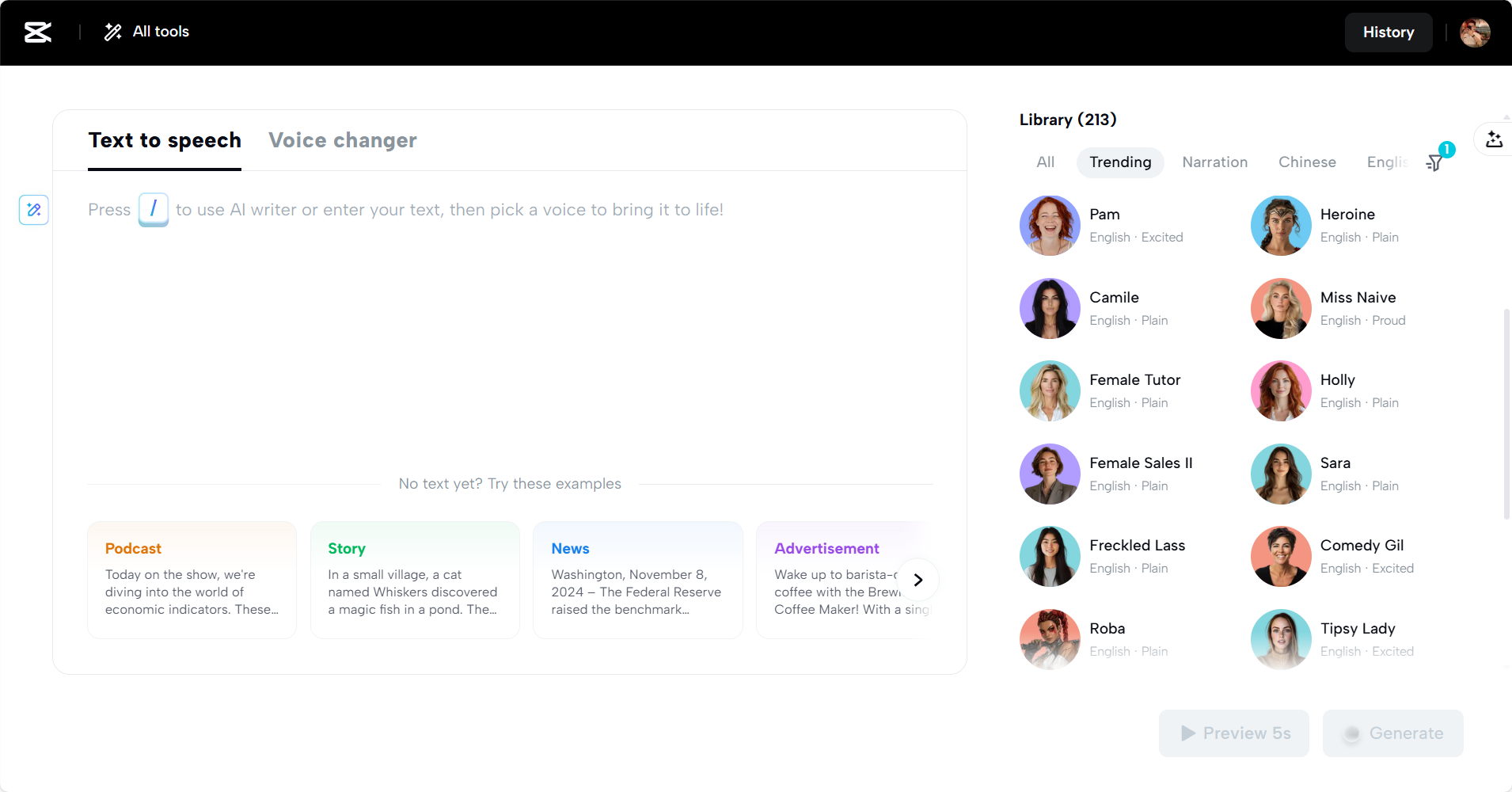 CapCut Web's text-to-speech tool