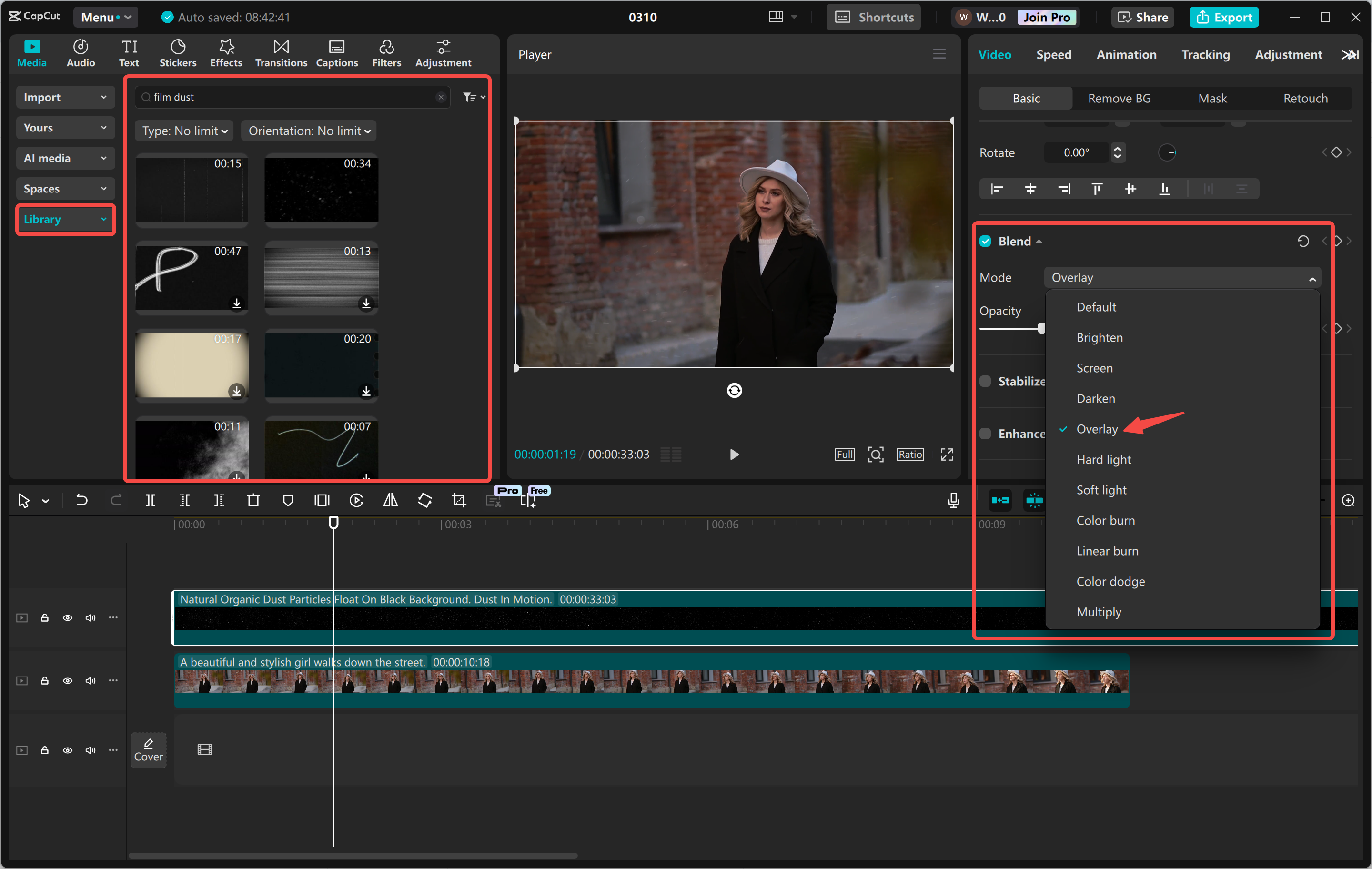 Adding a film dust overlay effect to video with CapCut desktop video editor