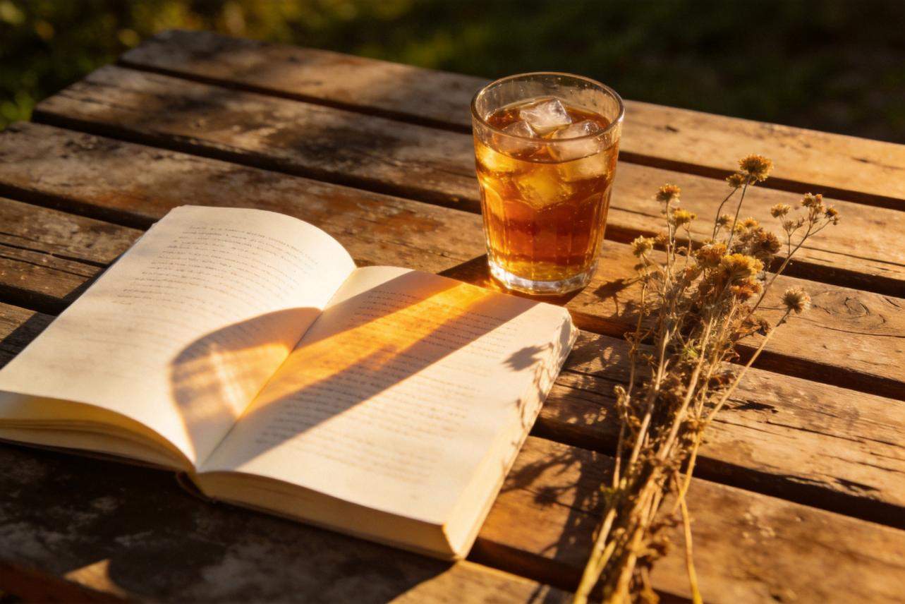 Open book, iced drink, and dried flowers on a sunlit wooden table