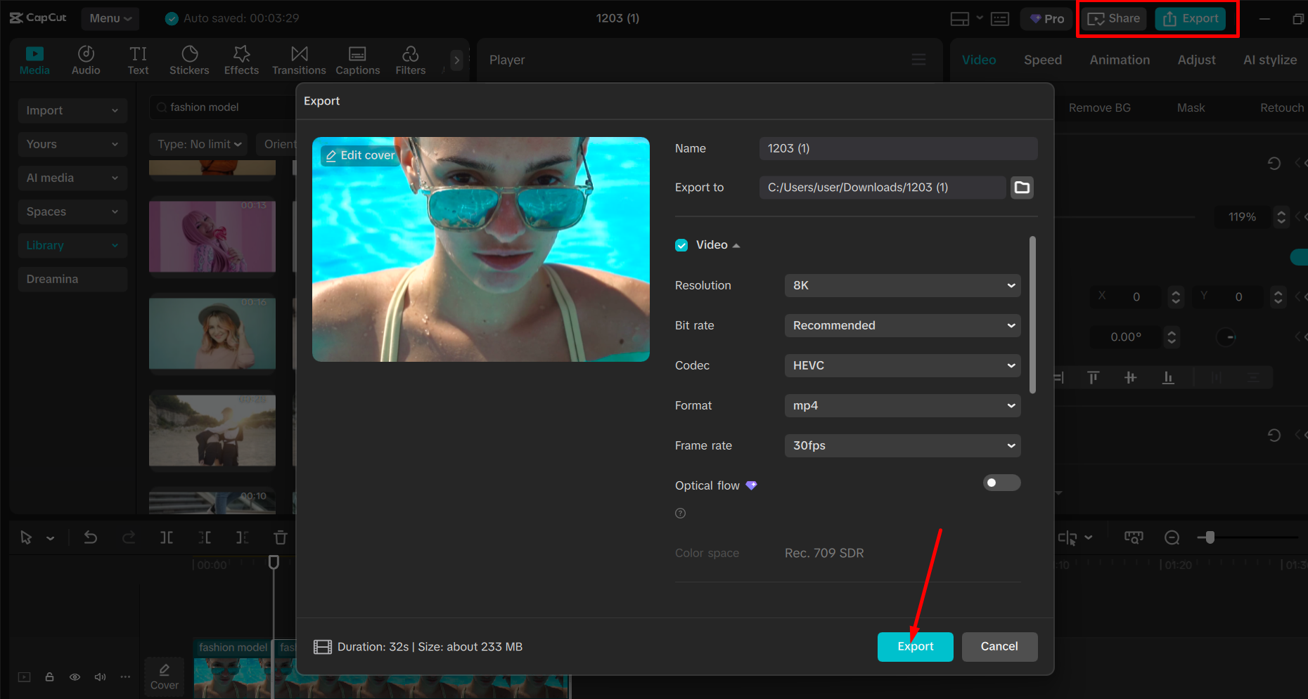 Exporting the final video from the CapCut desktop video editor