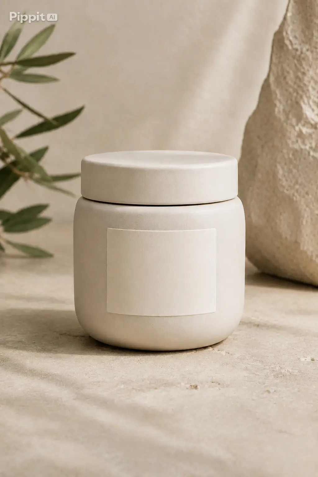 Cream jar with blank label on a textured stone background beside leaves