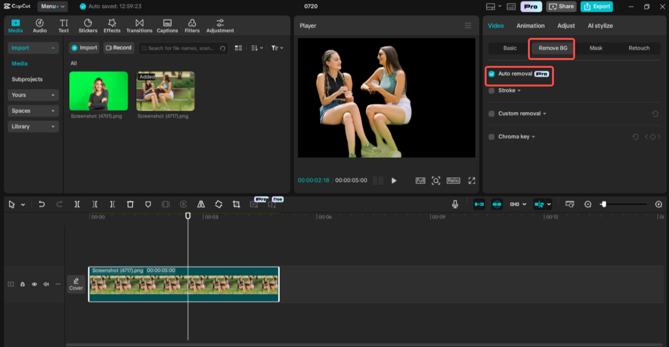 Using the "Remove BG" option in CapCut