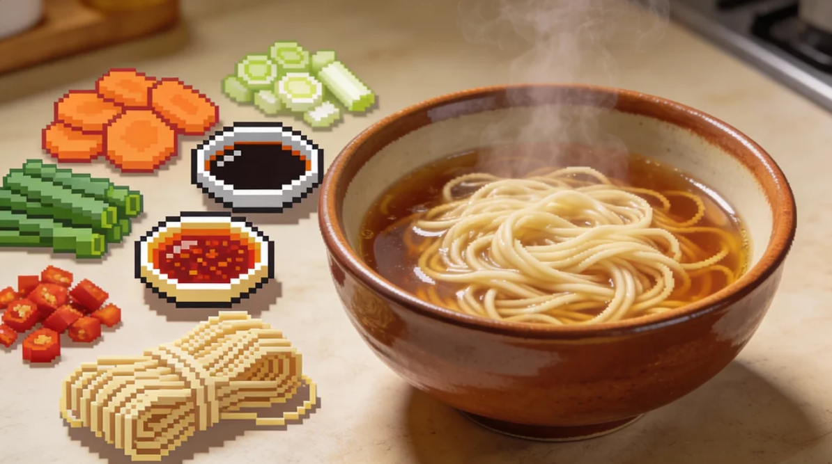 Pixelated ingredients with a real food image