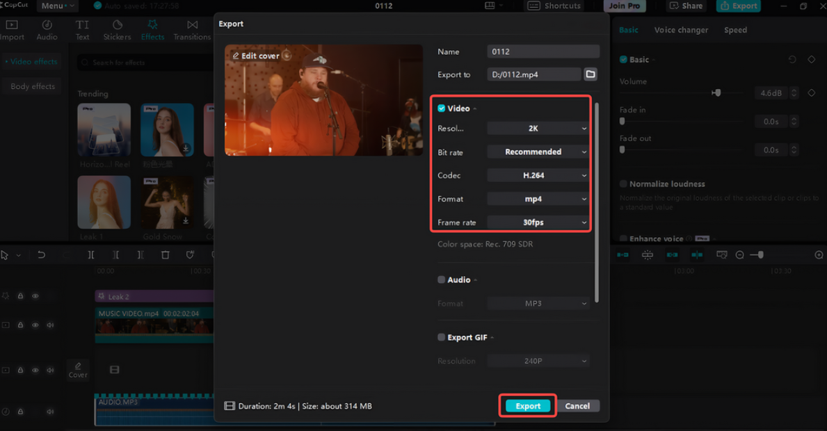 ส่งออกมิวสิกวิดีโอในCapCut