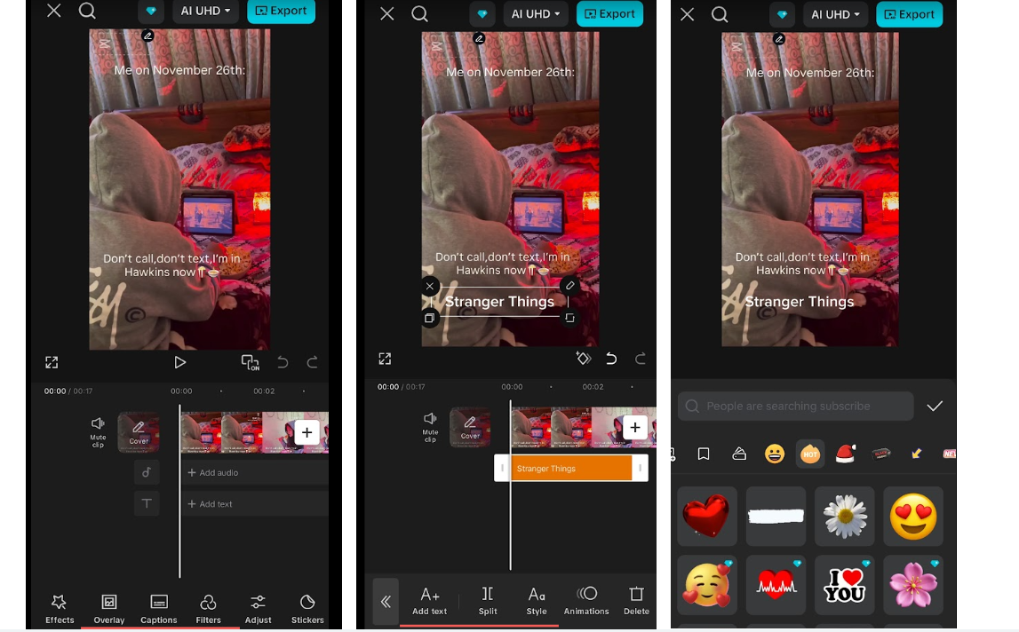 Editing tools view with text, filters, and effects in capcut