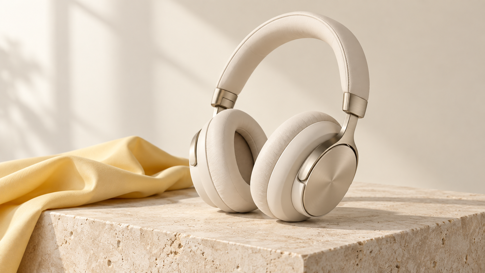 Concept illustration of a cream headphone set on travertine with pale yellow fabric and soft shadows