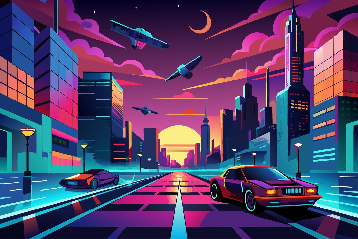 Neon-lit futuristic city with flying cars