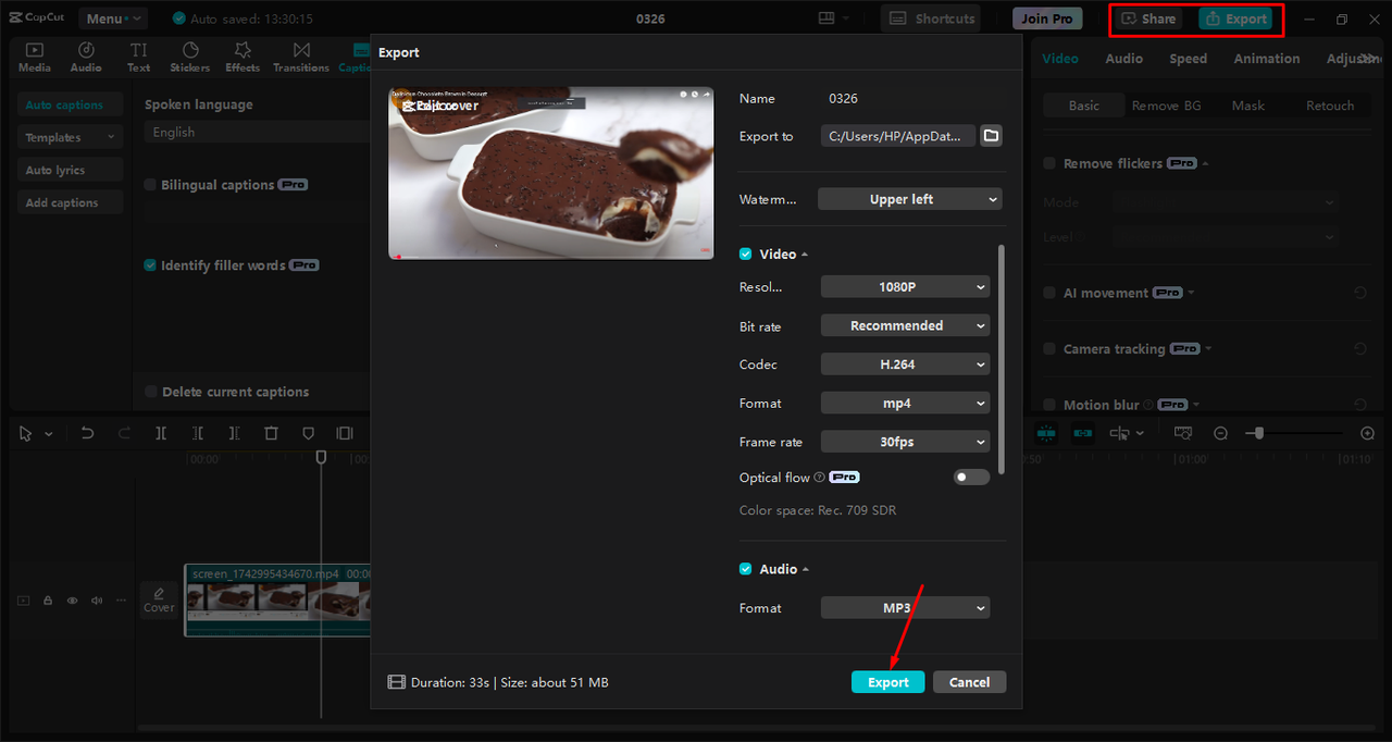 Exporting or sharing the video from CapCut desktop video editor