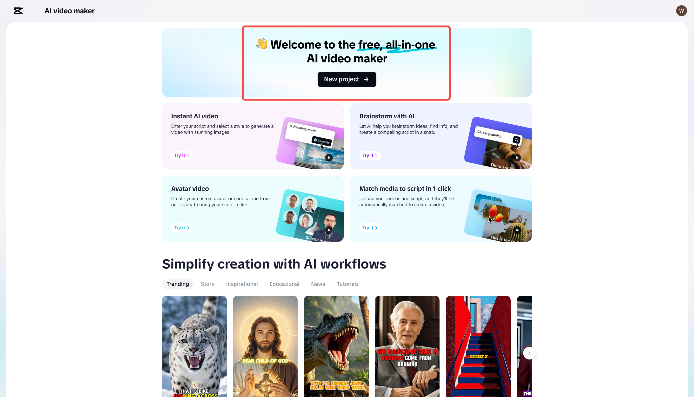 Access the AI video maker tool in the CapCut online video editor