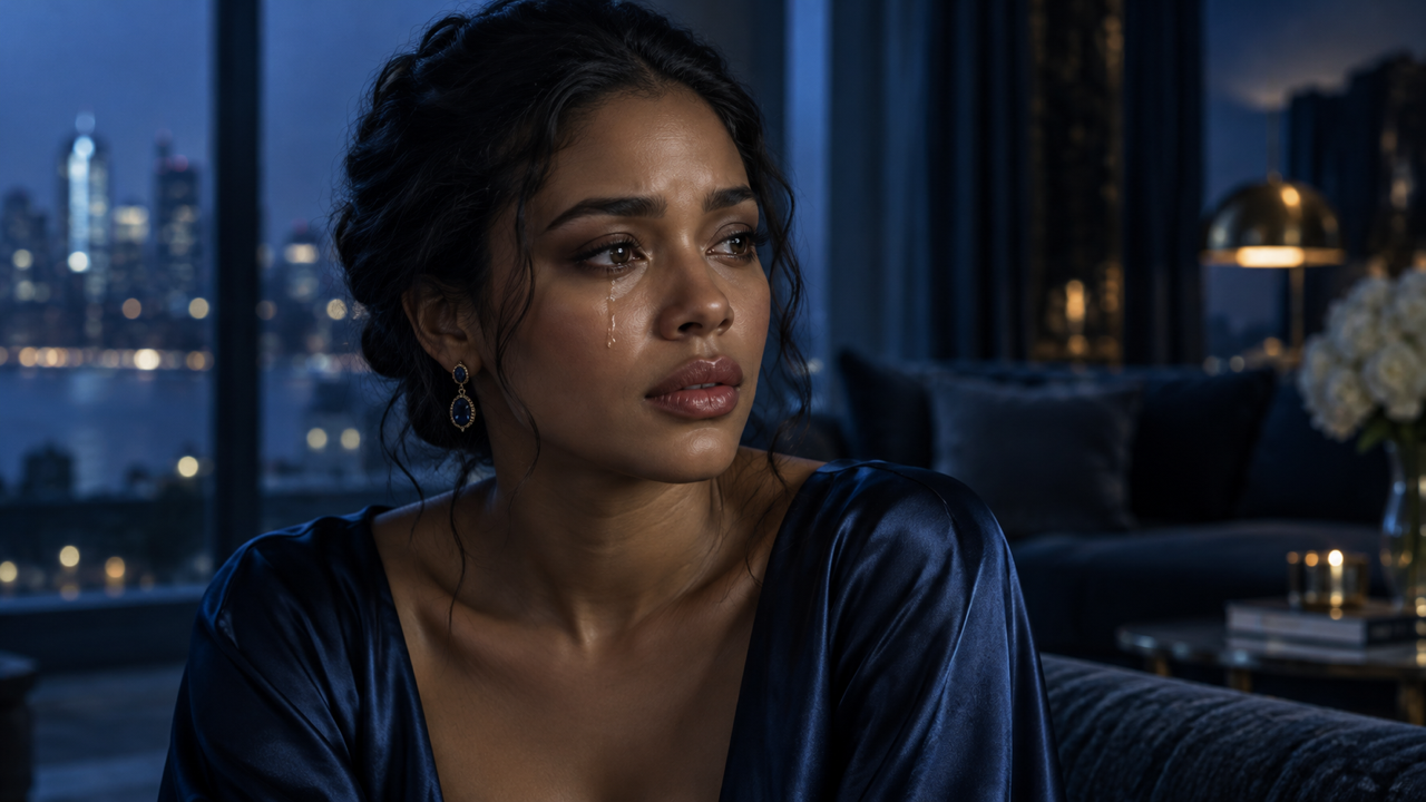 Illustrative midpoint keyframe: close portrait of original adult woman with warm brown skin, single luminous tear on cheek, deep blue satin clothing, soft cool window light, quietly emotional premium film still, 16:9.