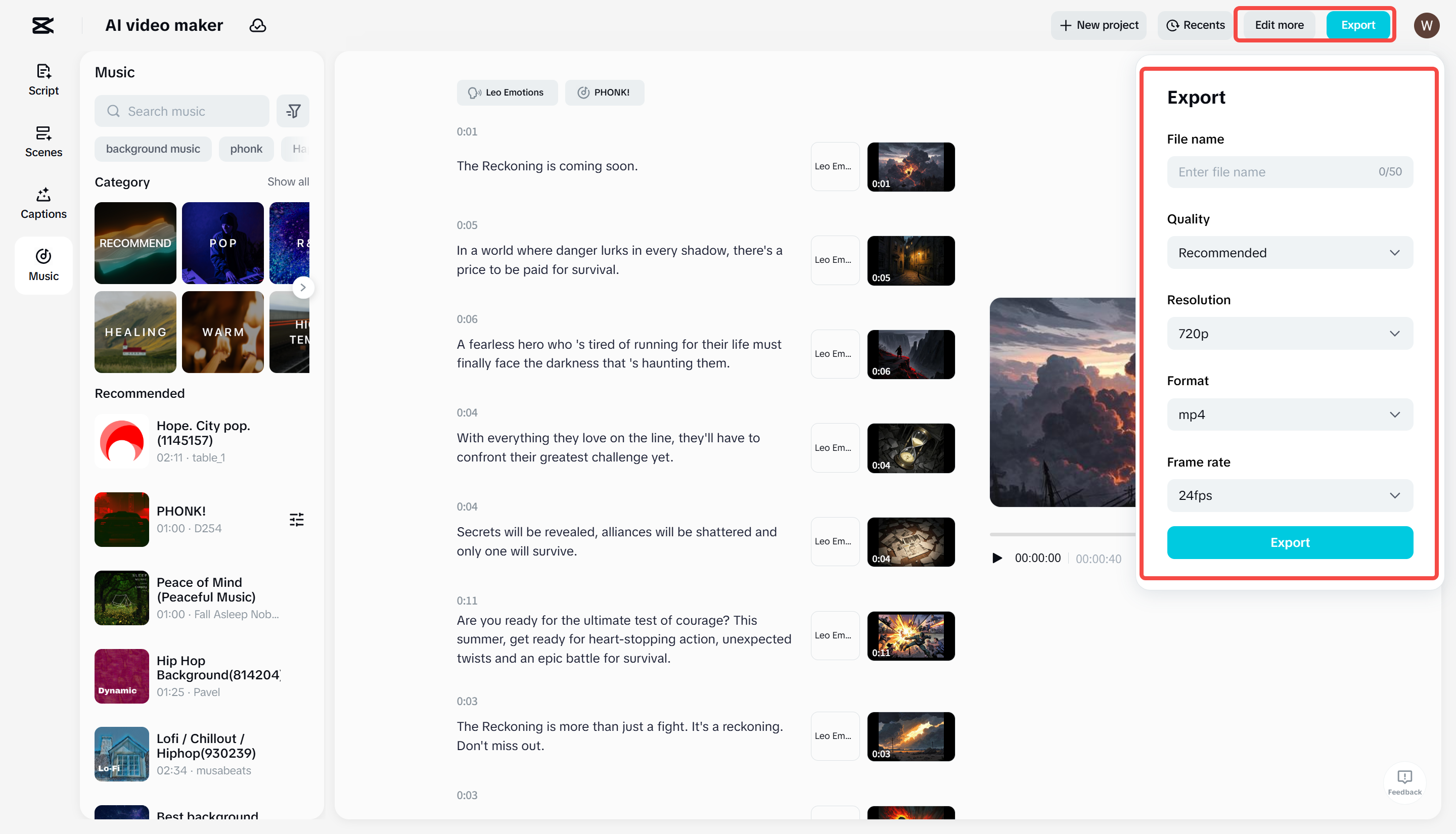Exporting the final video from CapCut's AI video maker