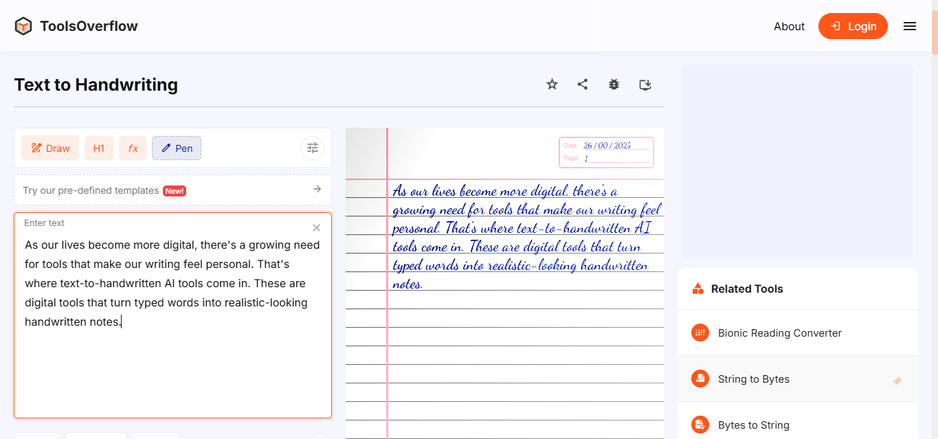 Interface of ToolsOverflow - ein einfach zu bedienendes Tool zur Umwandlung von Text in Handschrift
