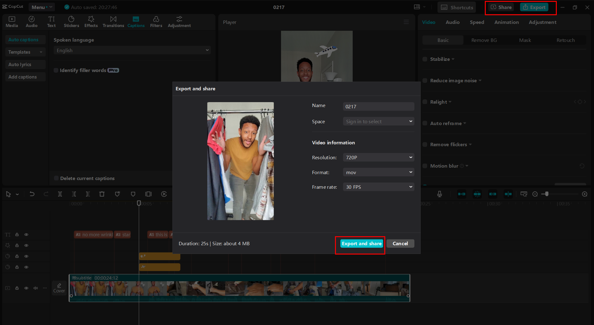 Exporting or sharing the video from CapCut desktop video editor