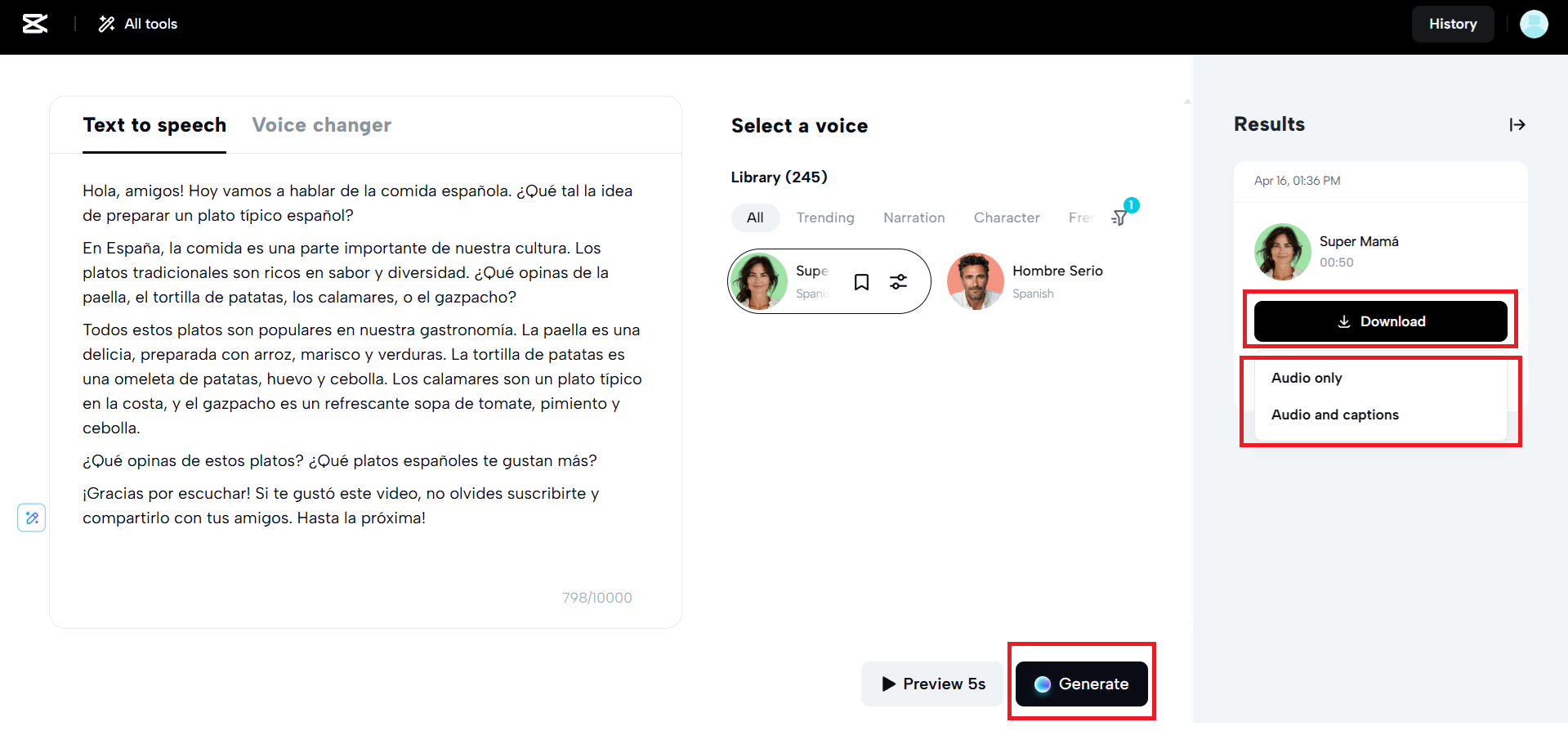 Option générer et télécharger