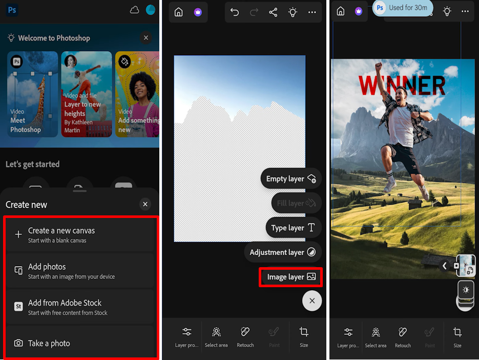 Image showing how to add an image to a layer in Photoshop on mobile