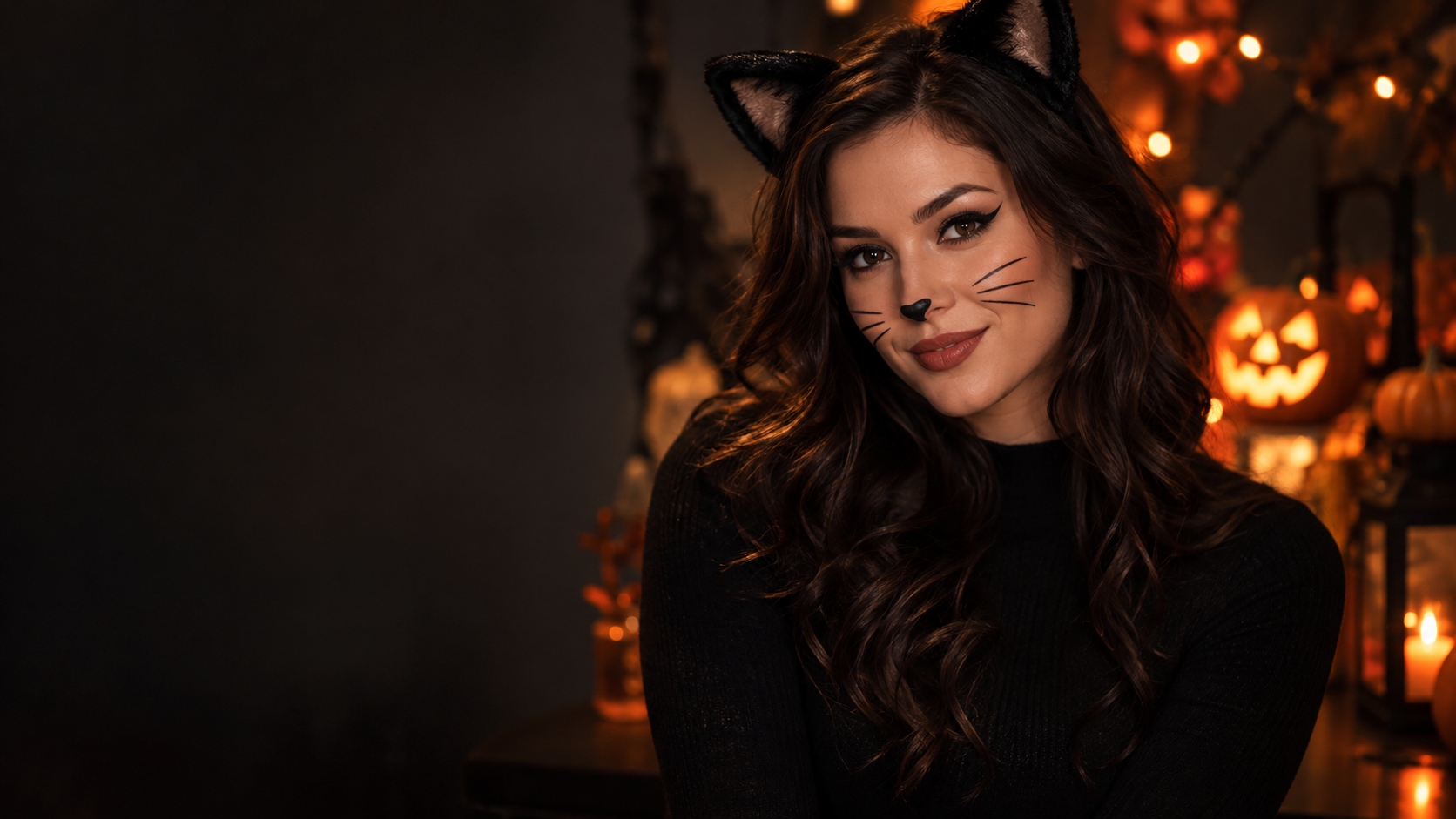 Classic Black Cat: A fictional adult woman with confident black winged eyeliner, small painted nose and tidy whiskers, black outfit and warm pumpkin-party bokeh.