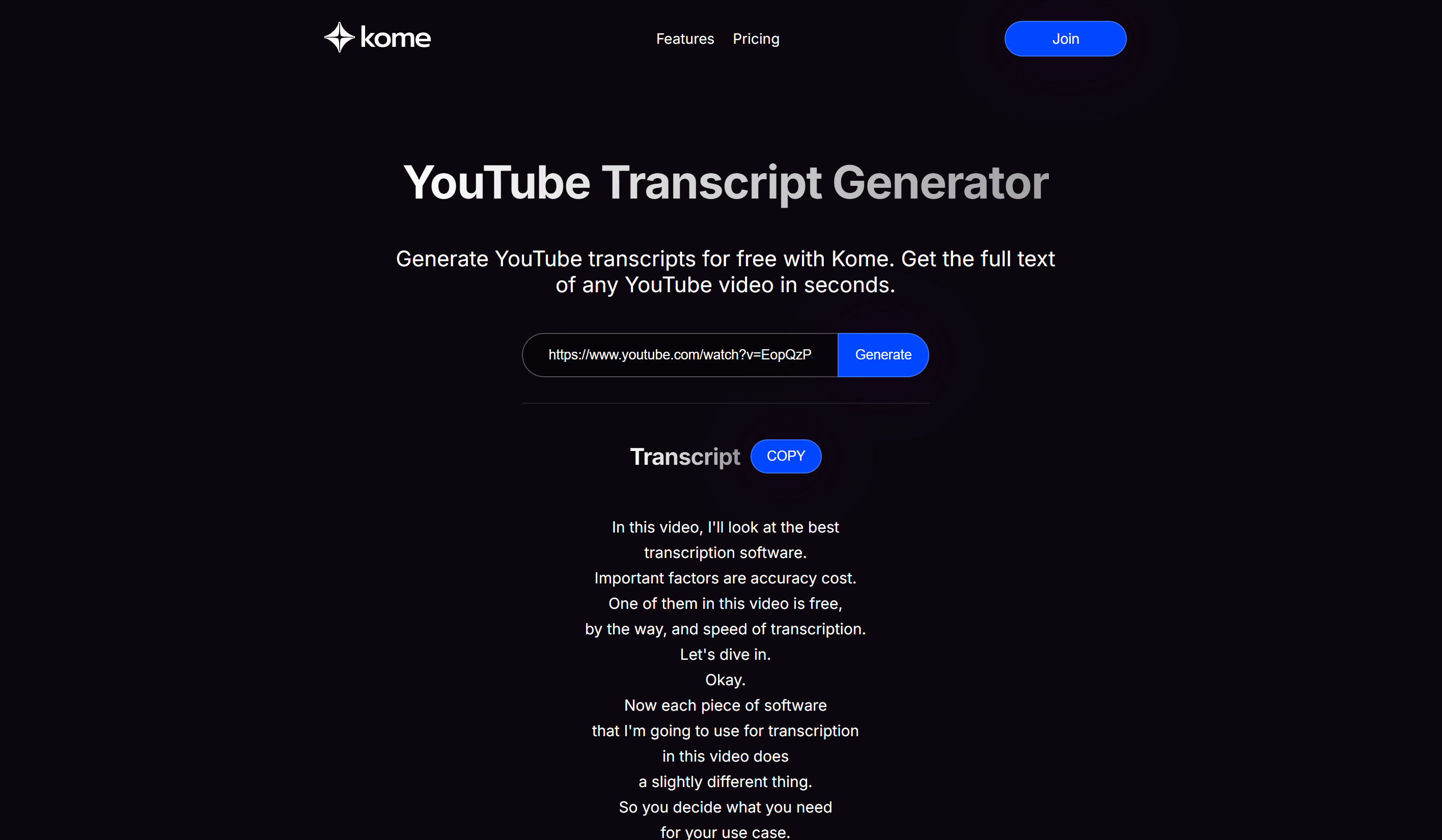 Interface of Kome.ai - an online tool to get text of a YouTube video