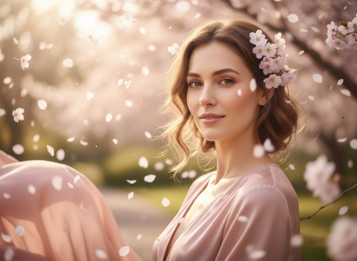 Portrait with floating cherry blossoms, shallow depth of field, soft pink tones—ideal for Instagram grid