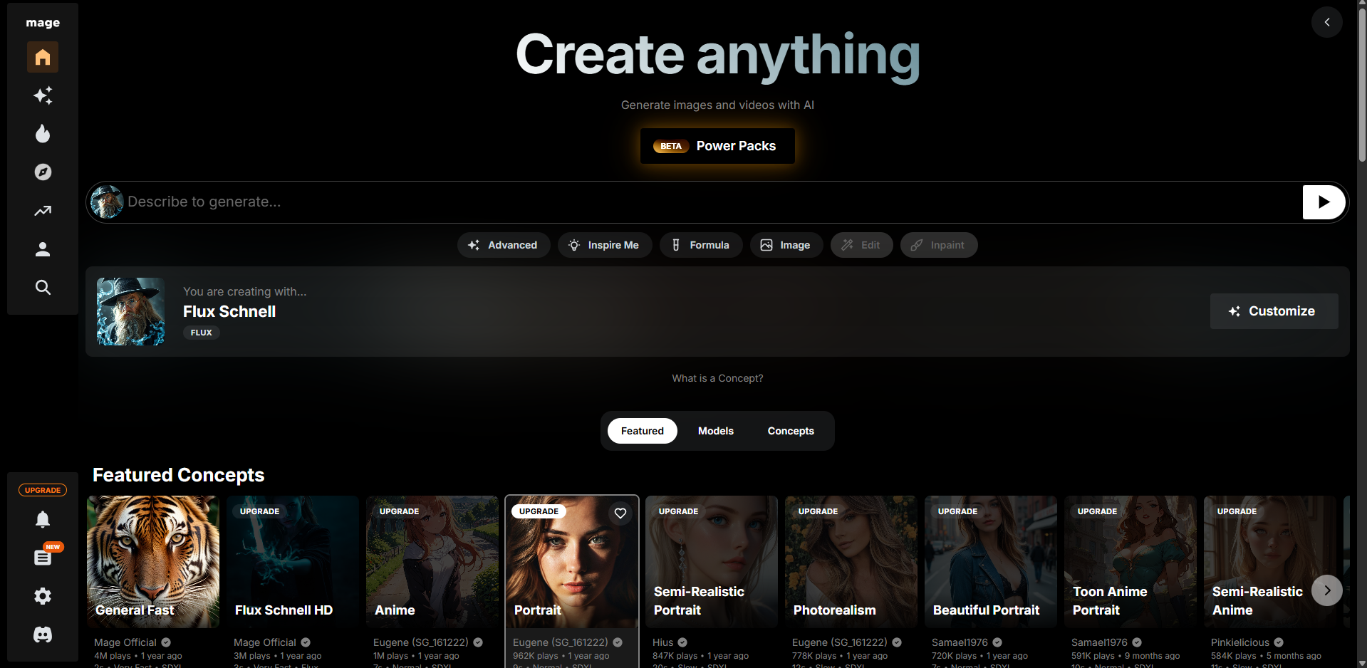 Interface of the Mage Space image generator