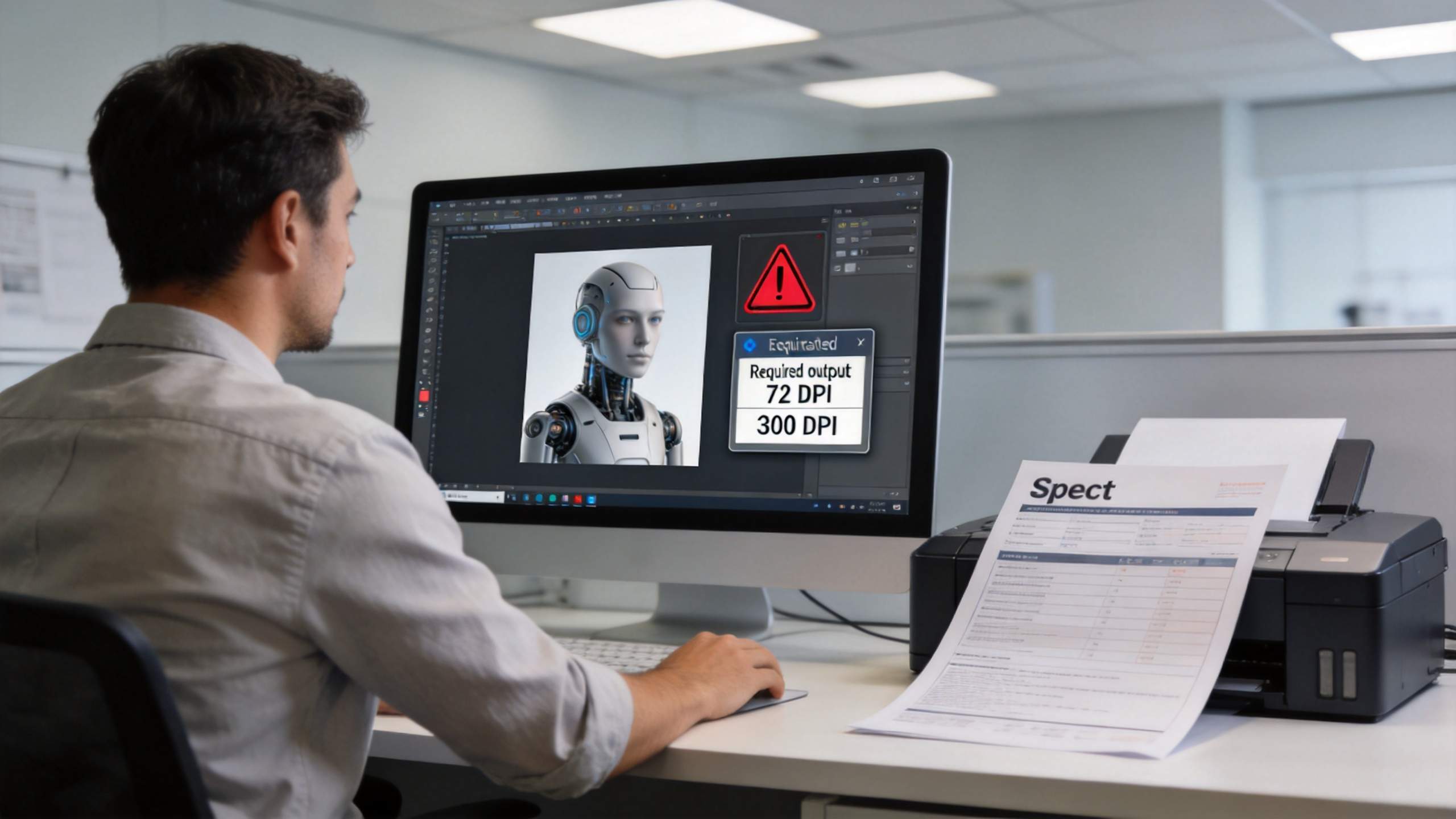 Designer viewing AI image file on monitor with DPI warning beside a printer