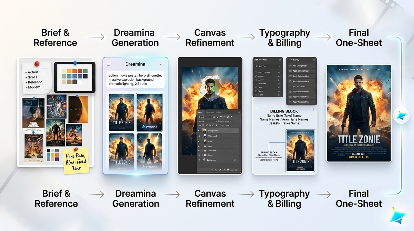 Dreamina AI generating cinematic movie posters with one-sheet layouts, character key art, and typography-ready compositions for film campaigns.