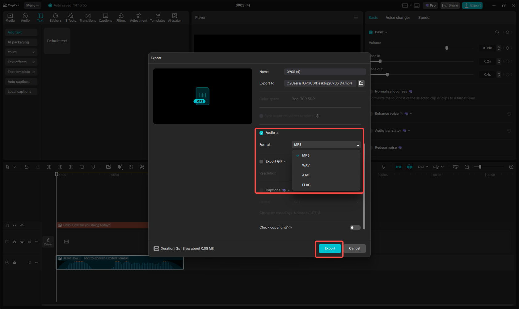 Export high quality audio file