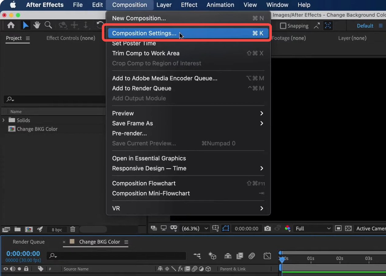 Ipinapakita kung paano baguhin ang kulay ng background ng komposisyon sa After Effects