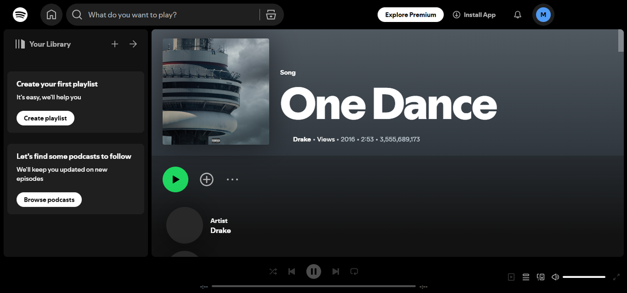 Interface of One Dance - az egyik legjobb dal a Spotify-on minden idők