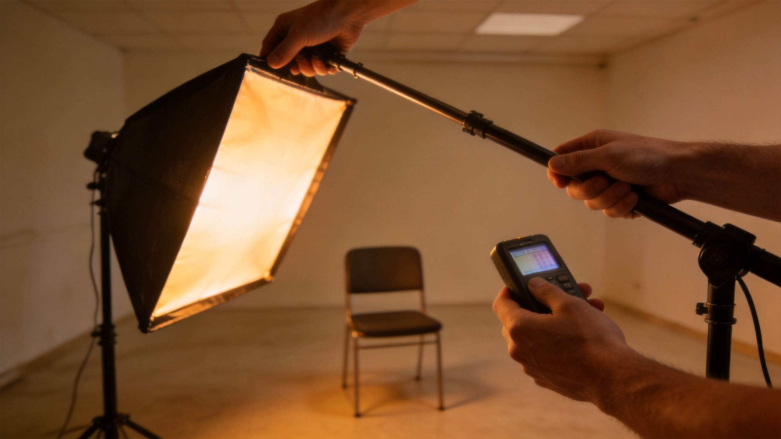 Person adjusts a softbox light with a meter pointed toward a chair in an empty room