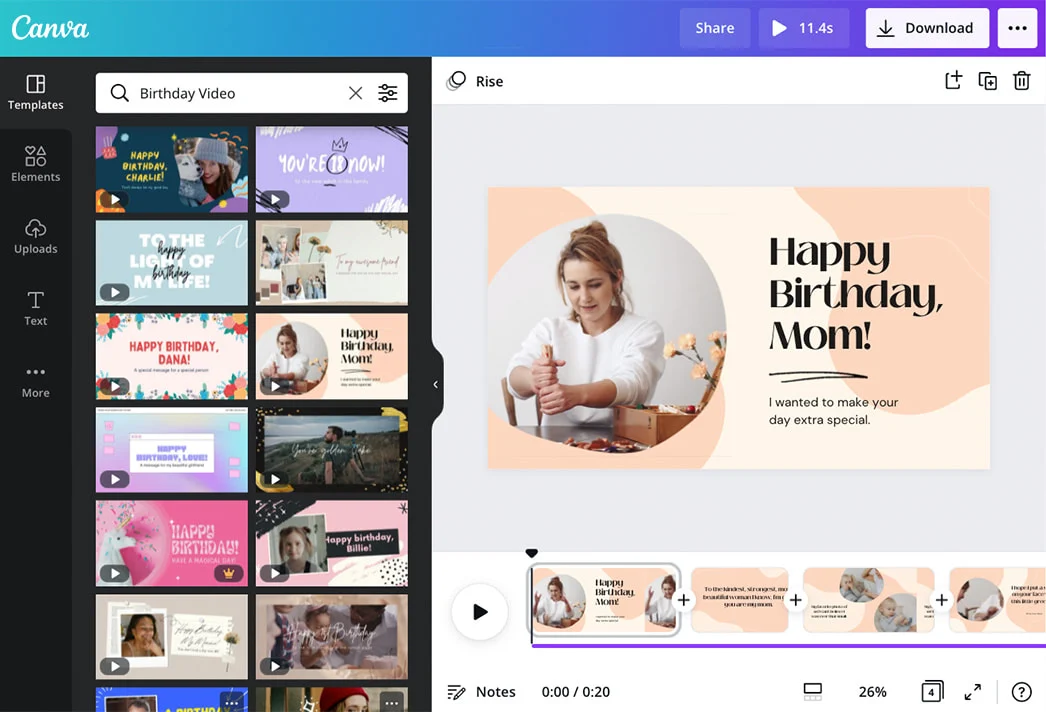 Interface do Canva - o criador de vídeos de aniversário mais curtido IA