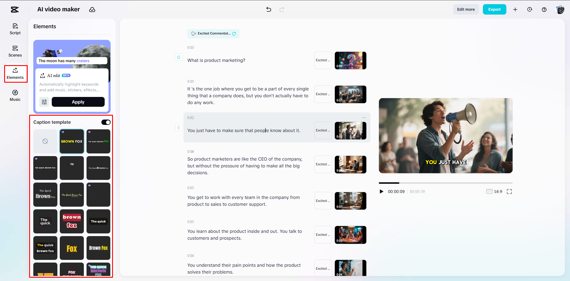 Megfelelő felirat sablon kiválasztása a videóhoz a CapCut Webben.