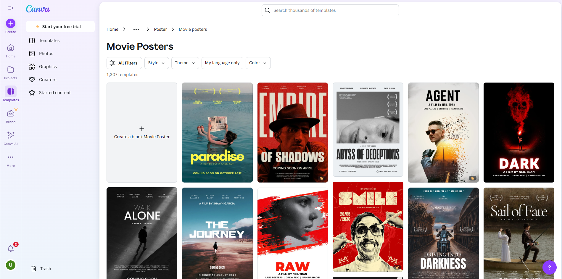 Interface of Canva - a site with various movie poster designs