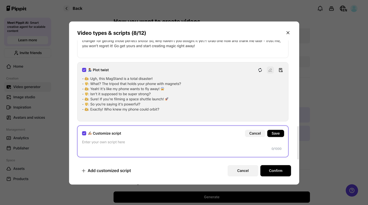 Recurso de script para vídeo