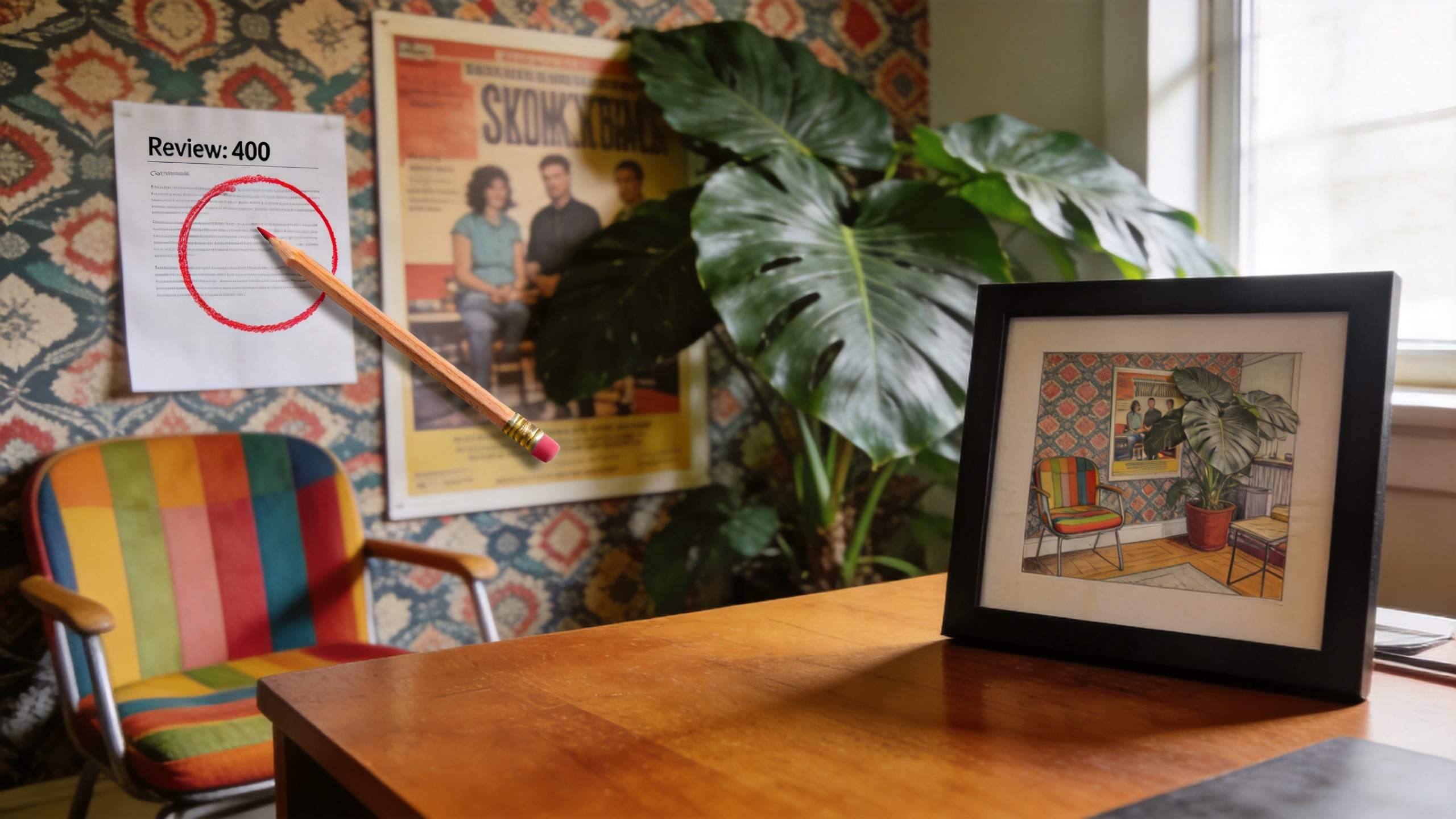 Framed poster mockup on a desk in a colorful room with a rainbow chair, plant, and wall posters