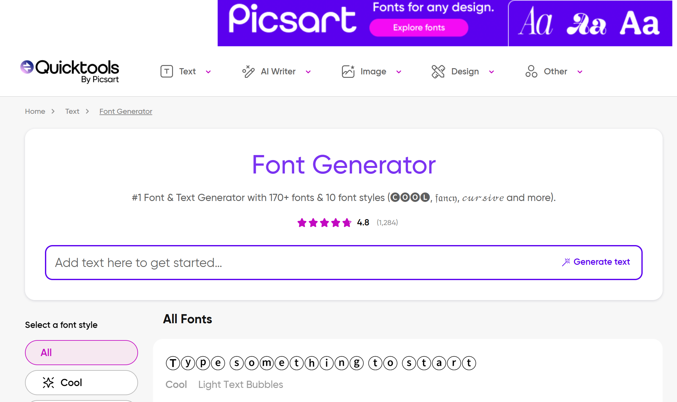 Interface of Picsart - the perfect AI text generator
