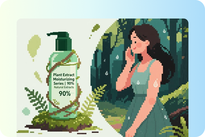 Product showcases in pixel art style