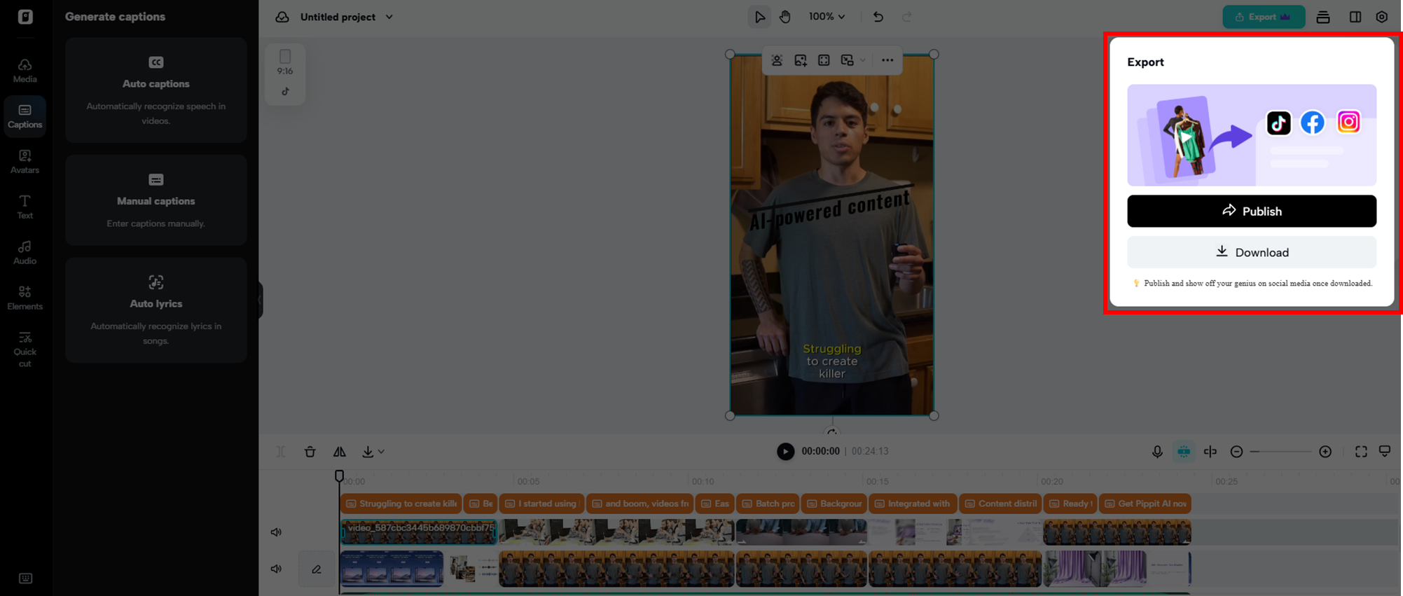 Publique ou baixe seu vídeo criado
