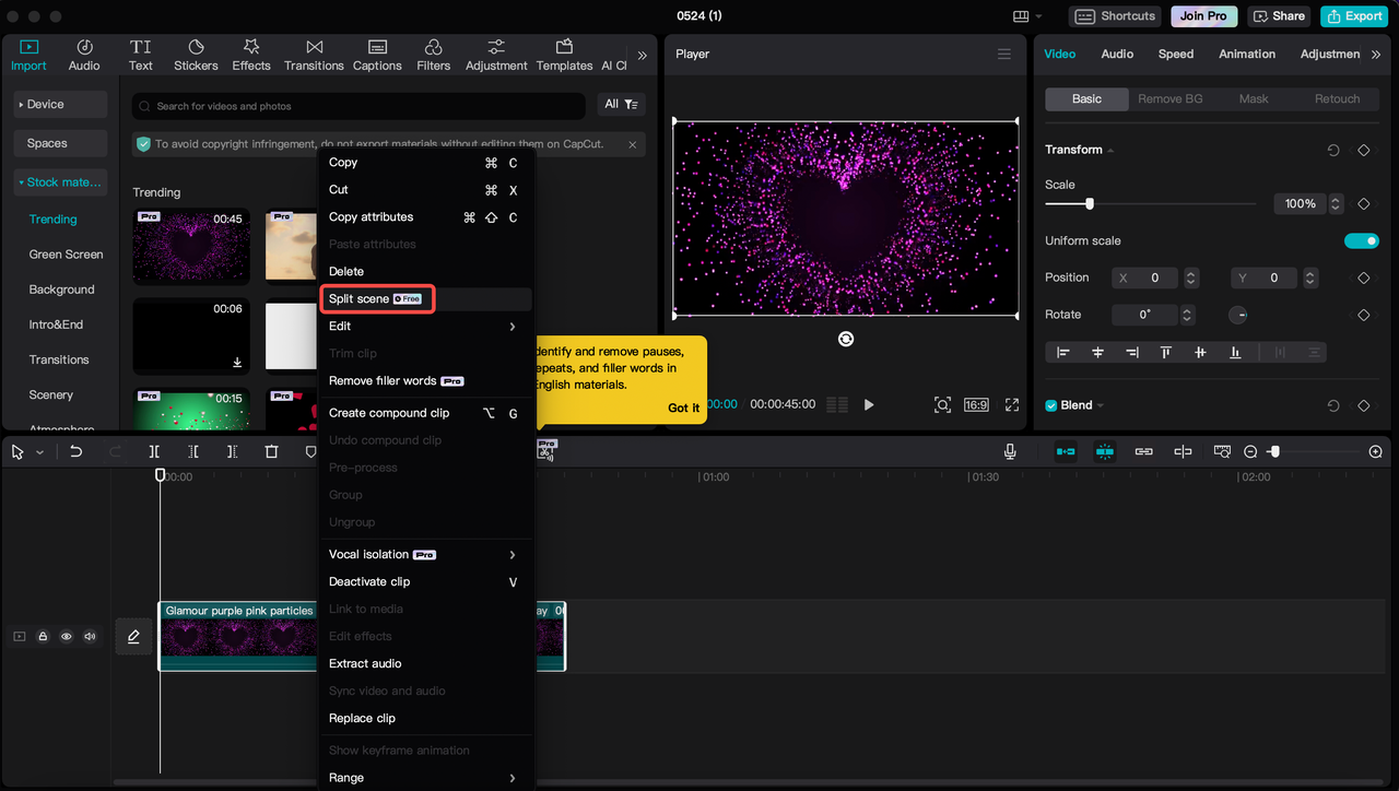 cut scenes on CapCut desktop editor