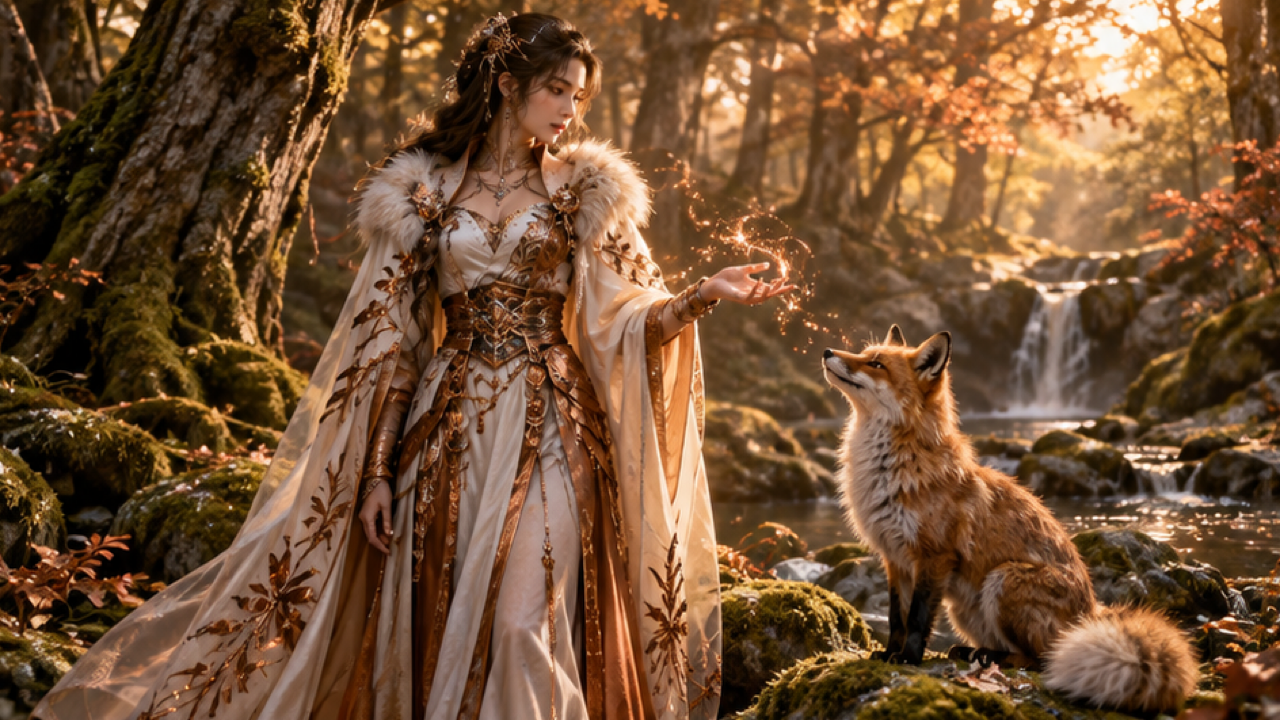 Premium 16:9 illustrative fantasy keyframe of an original adult woman in elegant copper-and-ivory humanoid guardian armor with layered copper shoulder plates, ivory chest panel, and soft fur-inspired collar beside a calm copper fox in a mossy golden-hour forest, copper shimmer near her fingertips, both subjects fully readable, cinematic light.
