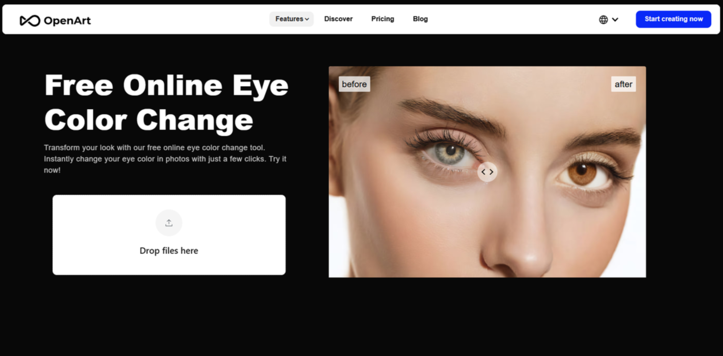 Interface d'OpenArt - un éditeur en ligne pour changer la couleur des yeux