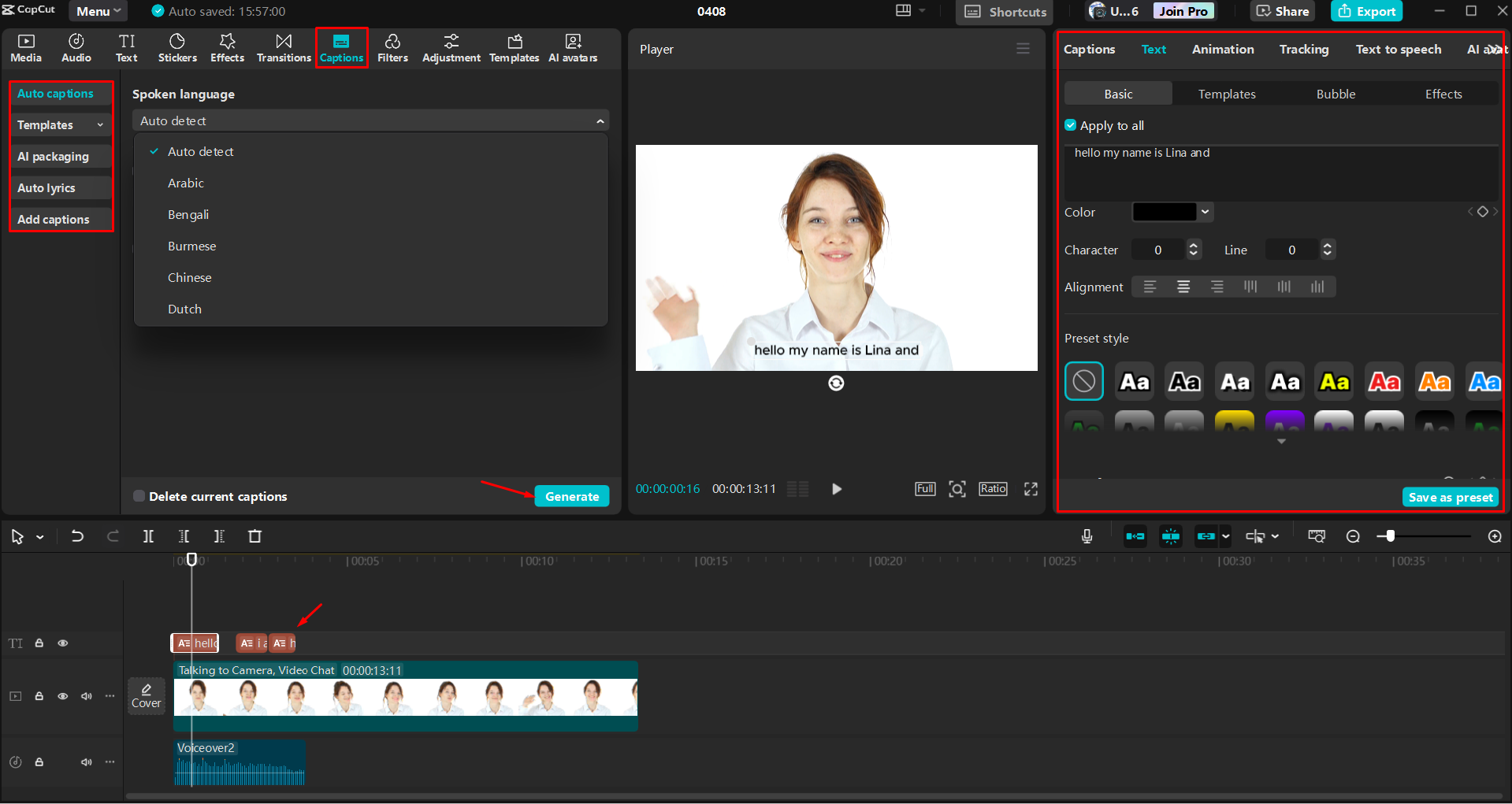 Converting audio to text in the CapCut desktop video editor