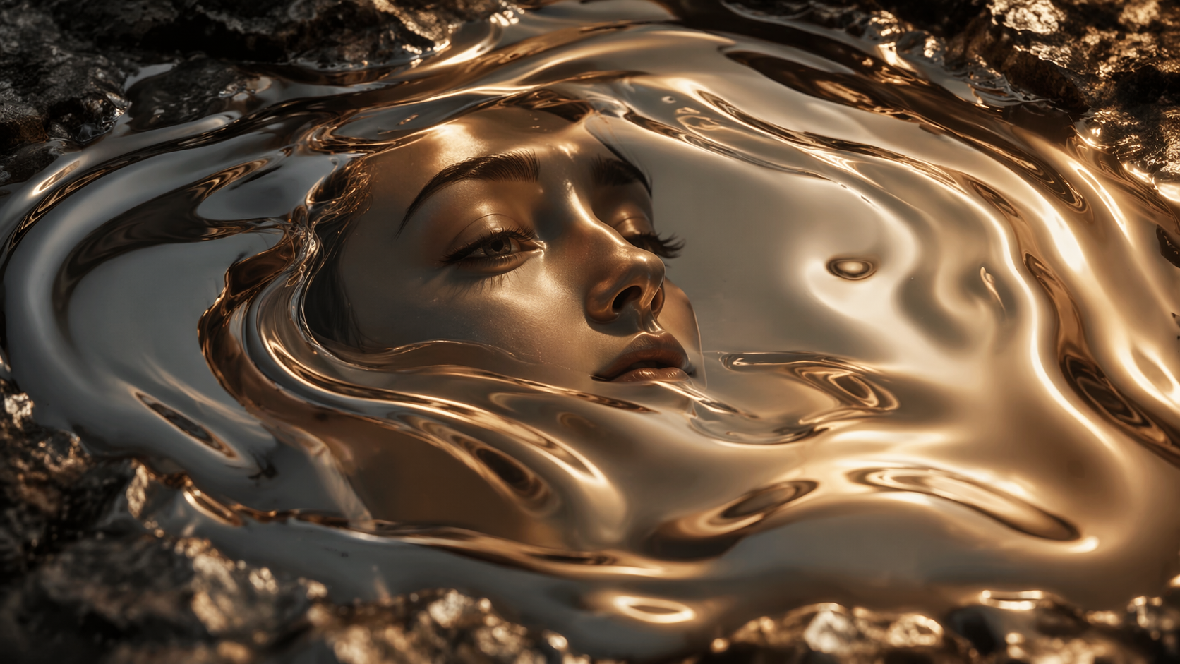 Dreamina AI liquid metal filter prompt example 6: Liquid Mirror Editorial