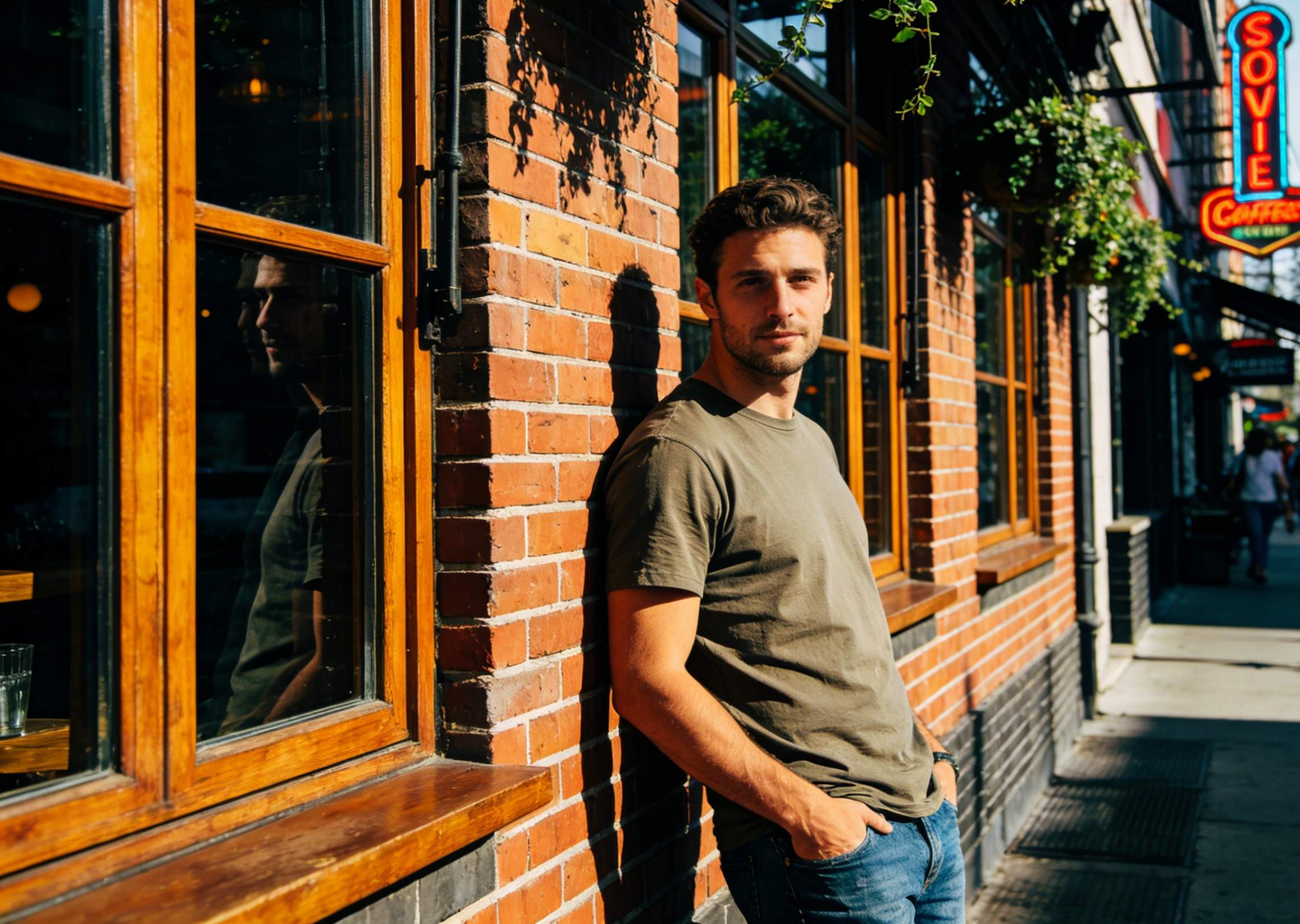 Un modelo masculino junto a la pared de un café con ropa informal