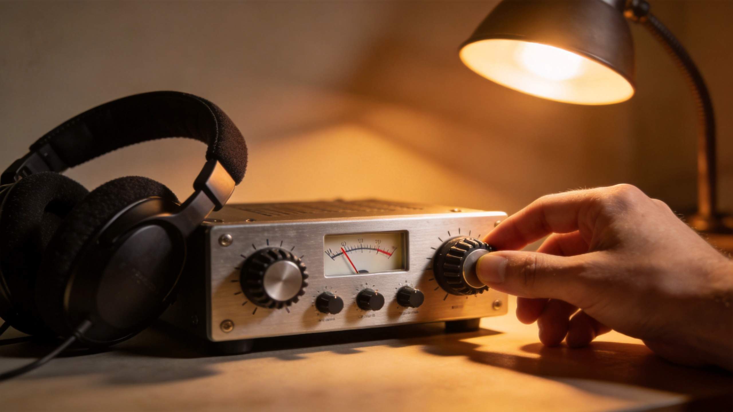 Headphones beside an audio amplifier with a hand adjusting the volume knob