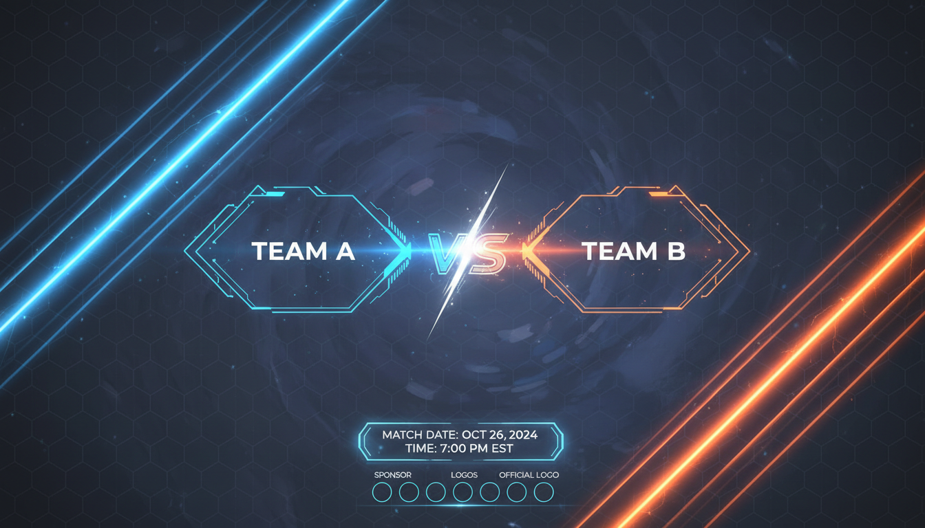 Esports tournament promo banner with futuristic UI overlays, Team A vs Team B layout, energy streaks, and space for match date and logos.